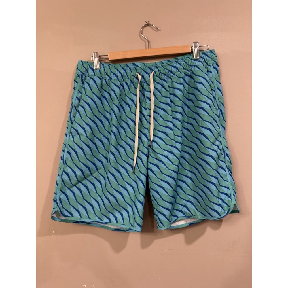 Fair Harbor Swim Trunks L Blue Green Stripe Compression‎ Lined Shorts